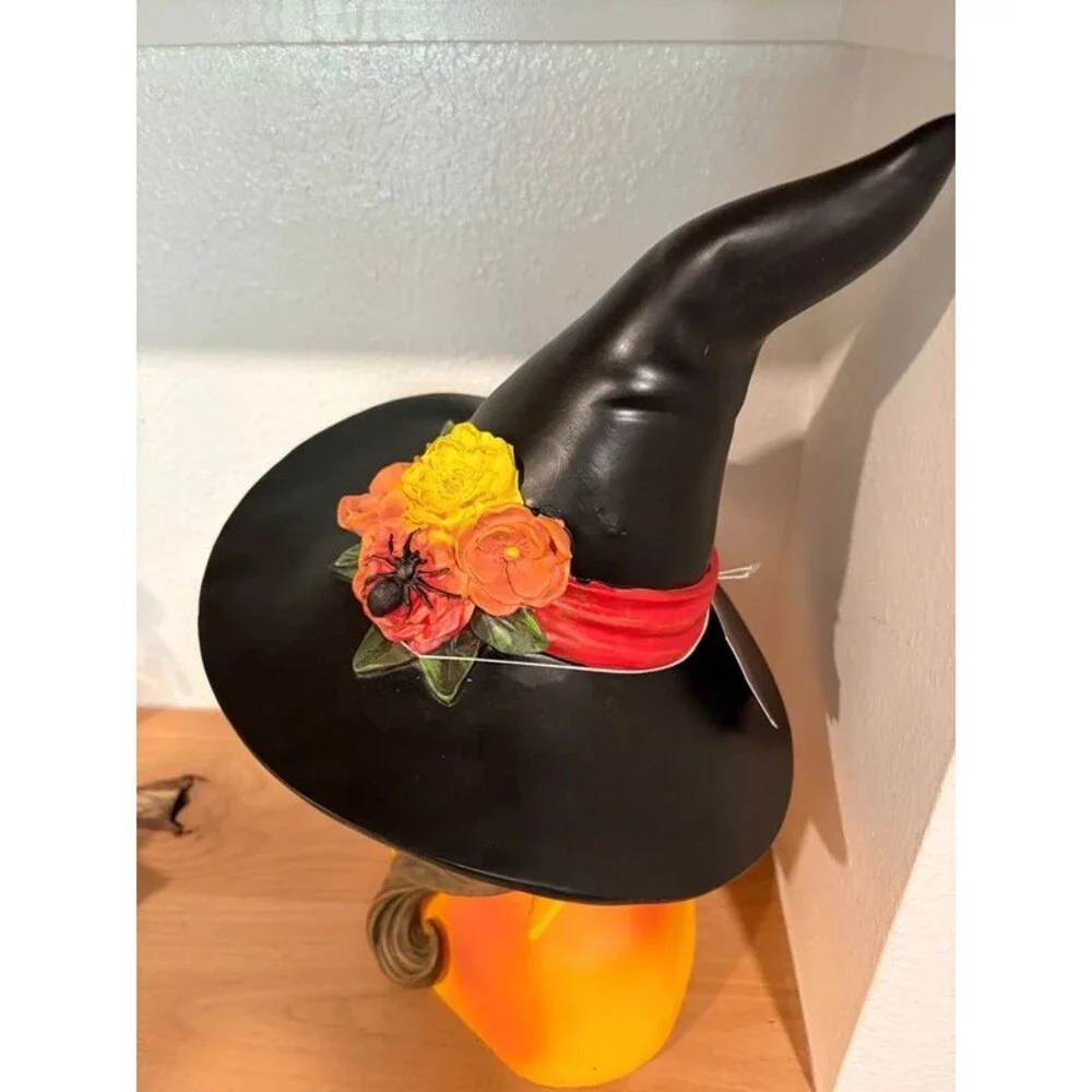 Halloween Witch Head Decor with Black Hat, Flowers & Spider NWT